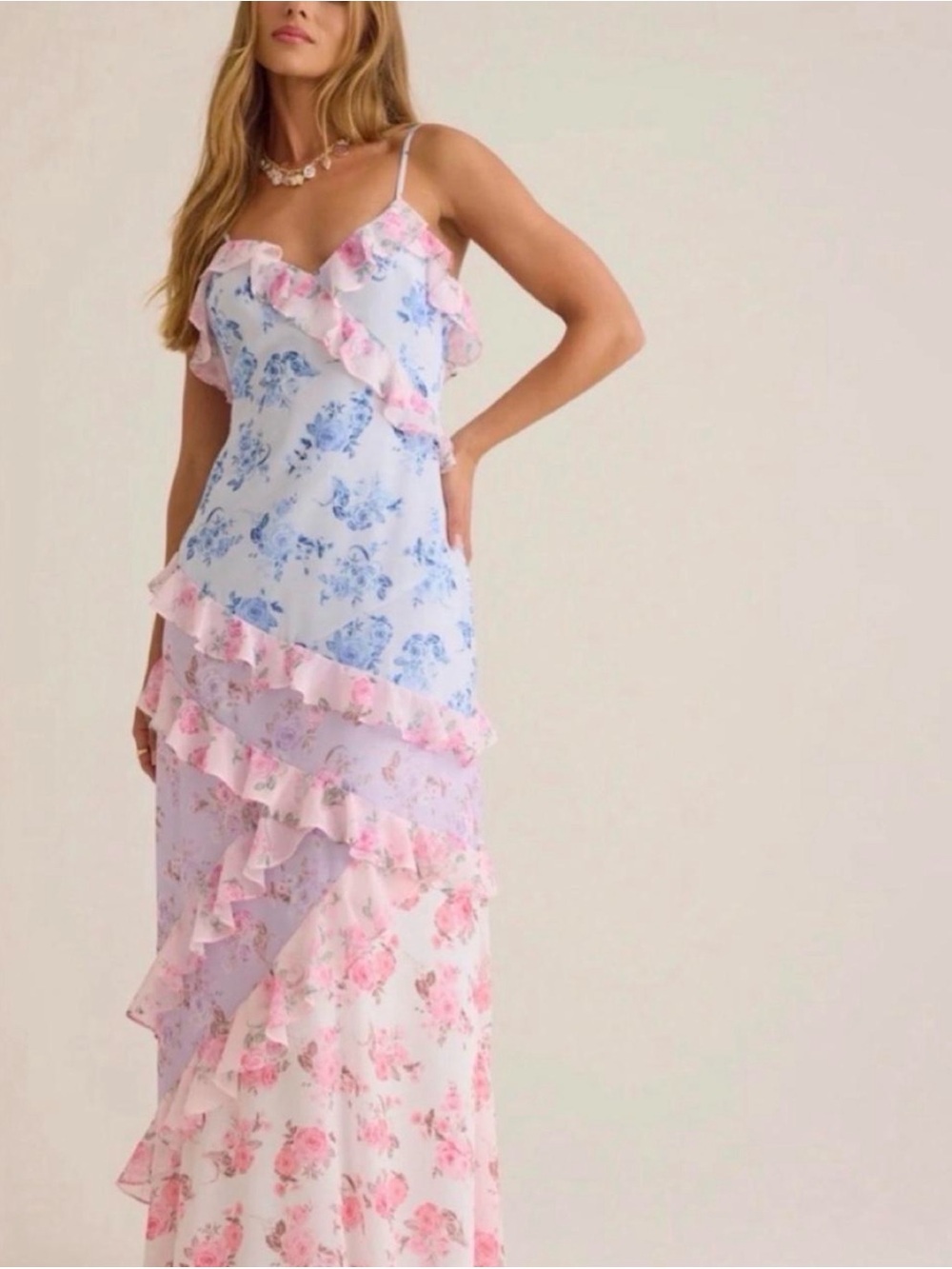 Altar'd State Pink & Blue Floral Ruffled Maxi Dress - Picture 2 of 6